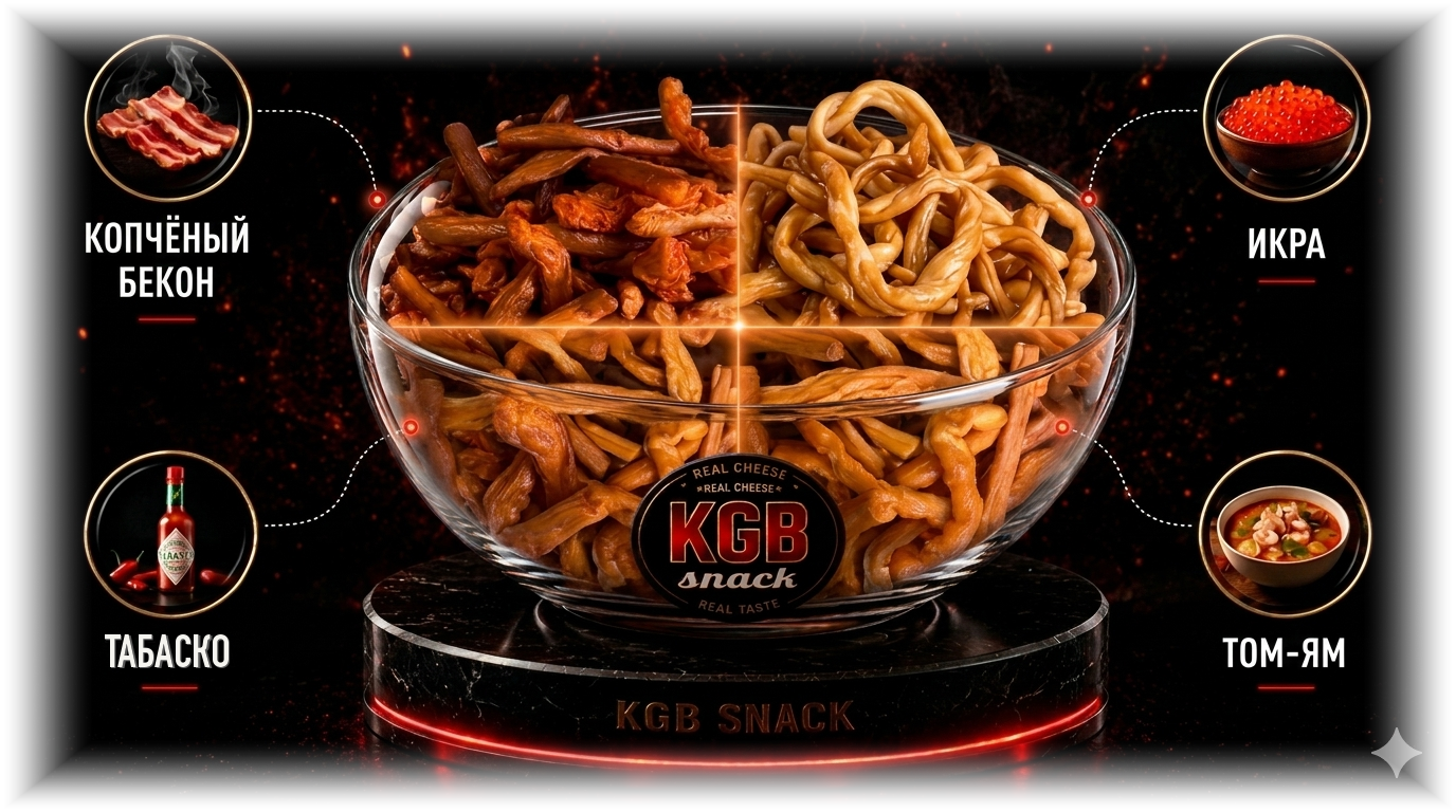 Чаша жареного сыра KGB Snack с четырьмя вкусами: копченый бекон, красная икра, табаско и том-ям